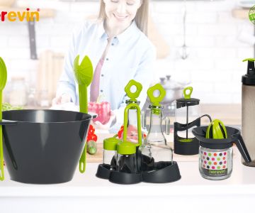 Salad Bowl with Servers, Oil Bottles, Squeezers.