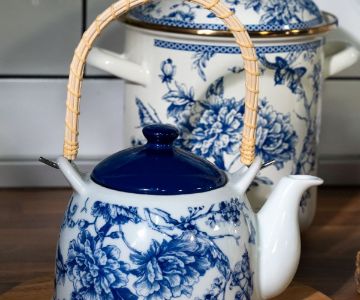 Blue Life Porcelain Herb Teapot with Wicker Handle
